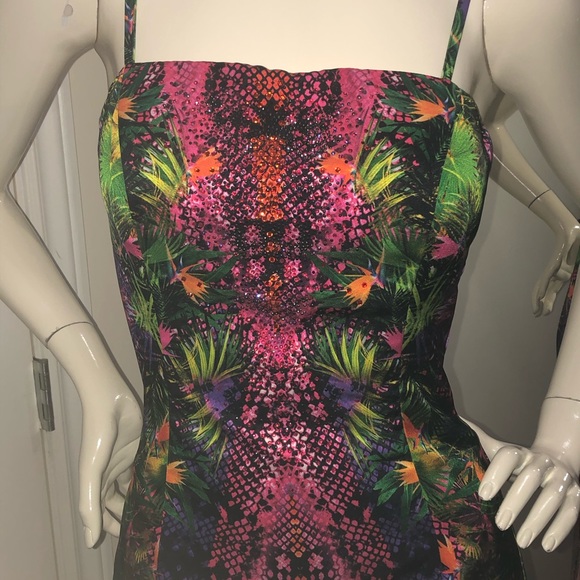 Genese London Tropical Satin Dress with colourful rhinestone detailing Small 4US - Picture 7 of 17